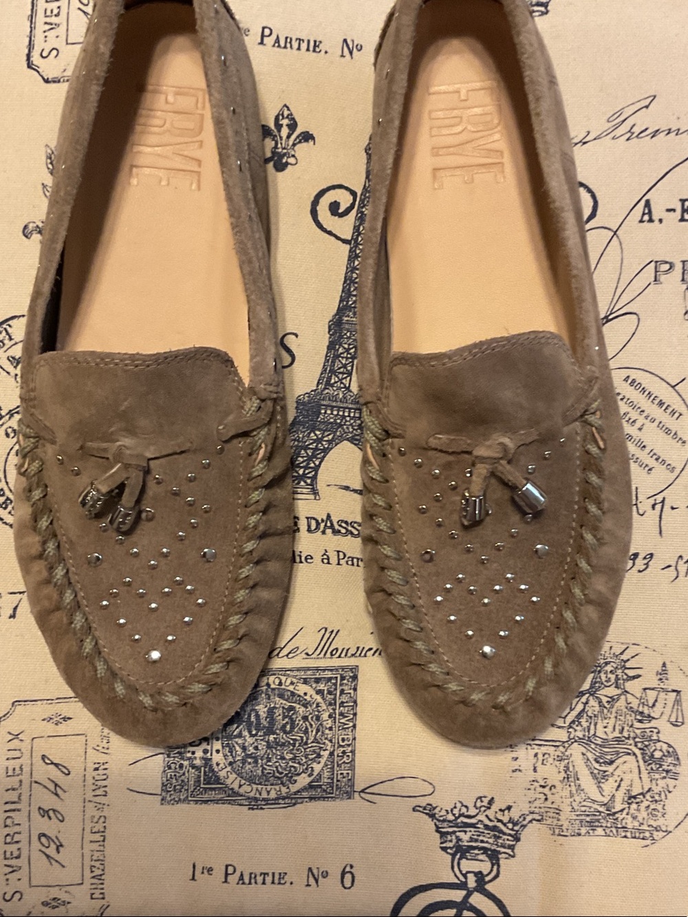Frye Taupe Suede Studded Tassel Moccasins
